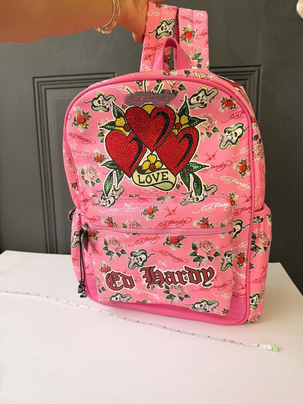 Ed Hardy Pink Tattoo Print Vegan Leather Backpack